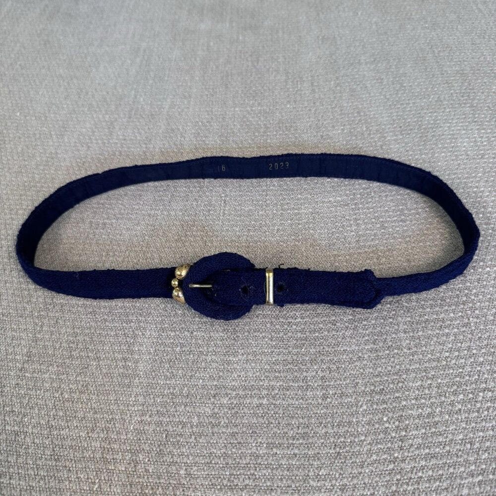 Vintage Skinny Knit Fabric Belt With Gold Accents Navy Blue Size XSmall 539